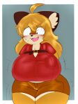  anthro averi_(fiddleafox) big_breasts blush bottomwear breasts brown_body brown_clothing brown_fur canid canine clothing crop_top dipstick_tail embarrassed eyebrows female female_anthro fox fur gloves_(marking) hair hi_res leg_markings looking_down mammal markings raised_eyebrow red_clothing shirt shorts simple_background socks_(marking) solo tail tail_markings topwear unknown_artist white_body white_fur 