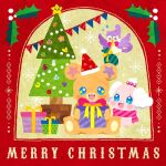  aroma_(go!_princess_precure) bear bird christmas christmas_tree commentary_request creature english_text gift go!_princess_precure hat holding holding_gift holly hoppetoonaka3 kirakira_precure_a_la_mode mahou_girls_precure! merry_christmas mofurun_(mahou_girls_precure!) no_humans pekorin_(precure) precure santa_hat scarf snowflakes symbol_in_eye 