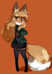  anthro averi_(fiddleafox) brown_body brown_eyes brown_fur canid canine clothing dipstick_tail female female_anthro fiddleafox fox fur gloves_(marking) green_clothing hair hi_res jacket leg_markings legwear mammal markings paws simple_background socks_(marking) solo standing tail tail_markings thigh_highs topwear white_body white_fur 