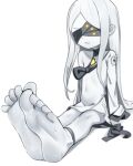  1girl ankle_strap barefoot blindfold blue_archive blurry blurry_background character_request colored_skin covered_eyes feet foot_focus full_body grey_hair grey_skin highres long_hair simple_background single_bare_shoulder sitting soles solo toes very_long_hair white_background whonyang 