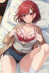  1girl blush bra breasts hair_ornament hairclip harimoji highres large_breasts legs looking_at_viewer lying open_clothes open_shirt original pillow red_bra red_eyes short_hair short_shorts shorts smile socks solo sweater_vest underwear white_socks 