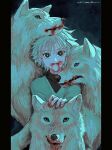  1boy animal artist_name blood blood_from_mouth blood_on_face blood_on_hands child commentary_request dinner highres hunter_x_hunter kaze_no killua_zoldyck looking_at_viewer male_focus nature petting simple_background solo white_hair white_wolf wolf 