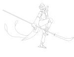  anthro asian_clothing avian beak bird clothed clothing east_asian_clothing feathers flower for_honor_(game) girly hi_res hummingbird japanese_clothing looking_at_viewer male melee_weapon monochrome naginata plant polearm simple_background solo tip_the_hummingbird voxtheowl weapon wings 