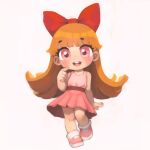  1girl blossom_(ppg) bow child commentary dress english_commentary full_body hair_bow long_hair looking_at_viewer open_mouth orange_hair pink_dress pink_eyes pink_footwear powerpuff_girls qtkat ribbon shoes sleeveless sleeveless_dress smile socks solo white_socks 