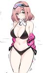  1girl arm_behind_back bikini black_bikini blue_archive blush breasts cleavage closed_mouth commentary cosplay cowboy_shot eimi_(blue_archive) eimi_(blue_archive)_(cosplay) eimi_(swimsuit)_(blue_archive) eyewear_on_head grey_eyes highres honkai_(series) honkai_impact_3rd jacket large_breasts looking_at_viewer medium_hair mini2chainz pink_hair pink_jacket simple_background solo swimsuit timido_cute white_background 