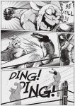  2023 anthro beard black_and_white bottomwear boxing boxing_gloves bun_bash clothed clothing comic digital_media_(artwork) duo english_text facial_hair fighting_ring gary_(peculiart) hair handwear hare hitting_another lagomorph leporid male male/male mammal monochrome motion_lines muscular muscular_anthro muscular_male niko_(peculiart) open_mouth pants peculiart punch rabbit short_hair skimpy speech_bubble sport sportswear text yelling 