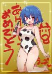  1girl animal_print blue_hair cow_girl cow_print hoshino_ushio medium_hair nengajou new_year red_eyes starmine_(manga) stroma swimsuit 
