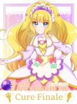  1girl big_hair blonde_hair blue_eyes blunt_bangs blush bridal_gauntlets brooch character_name choker clothing_cutout cure_finale dated delicious_party_precure dress gloves hair_ornament happy_birthday heart heart_brooch jewelry kasai_amane long_hair looking_at_viewer magical_girl medium_dress precure shoulder_cutout smile solo sparkle_hair_ornament tanshi_tanshi tiara twitter_username white_choker white_gloves 