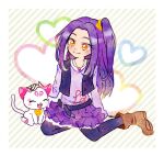  1girl blush boots cat closed_eyes commentary_request frills heart hoppetoonaka3 hummy_(suite_precure) jewelry long_hair magical_girl open_mouth precure purple_hair seiren_(suite_precure) side_ponytail skirt smile suite_precure thighhighs yellow_eyes 