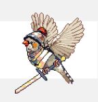  animal animal_focus armor armored_animal bird black_eyes bottomless chest_armor closed_mouth english_commentary finch flying from_side full_body helmet holding holding_sword holding_weapon holding_with_feet illufinch no_humans original pixel_art plate_armor plume simple_background spread_wings sword weapon white_background zebra_finch 