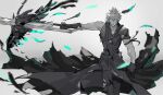  1boy aqua_eyes arm_ribbon armor black_cape black_feathers black_gloves black_pants black_shirt blurry blurry_foreground cape cloud_strife cowboy_shot falling_feathers feathers final_fantasy final_fantasy_vii final_fantasy_vii_advent_children fusion_swords gloves hair_between_eyes holding holding_sword holding_weapon looking_at_viewer male_focus monochrome pants popped_collar ribbon shio_ga shirt short_hair shoulder_armor single_bare_shoulder sketch sleeveless sleeveless_shirt solo spiked_hair spot_color sword toned toned_male waist_cape weapon 