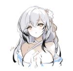  1girl artist_name azur_lane breasts cleavage criss-cross_halter earrings flower hai_tien_(azur_lane) hair_flower hair_ornament halterneck jewelry large_breasts long_hair looking_at_viewer own_hands_together simple_background sketch solo vilor white_background white_flower white_hair yellow_eyes 