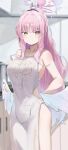  &gt;:) 1girl absurdres apron bare_arms bare_shoulders blue_archive blush breasts commentary_request cowboy_shot highres jsscj large_breasts long_hair looking_at_viewer low_wings mika_(blue_archive) naked_apron pink_hair pocket ponytail solo standing v-shaped_eyebrows very_long_hair white_apron wings yellow_eyes 