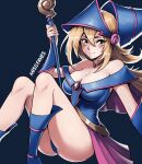  1girl bare_shoulders blonde_hair blue_background blue_leotard blush boots breasts closed_mouth dark_magician_girl duel_monster green_eyes hat highres holding holding_staff large_breasts leotard missfaves pentagram pink_skirt skirt smile solo staff thighs wizard_hat yu-gi-oh! yu-gi-oh!_duel_monsters 