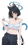  1girl absurdres animal_ears black_hair black_nails blue_archive blue_halo breasts choker feint721 halo highres kikyou_(blue_archive) looking_at_viewer midriff navel see-through see-through_shirt short_hair simple_background solo strap_pull sweat twintails white_background 