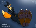  4_toes anthro big_breasts big_feet breasts camera_view canid canine claws cleavage clothed clothing cowl feet female foot_fetish foot_focus fox foxanne grin gynomorph hi_res hindpaw intersex mammal paws smile solo thick_thighs thief thieving_fox thieving_fox_(artist) toes trans_(lore) zipper_down 