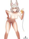  1girl absurdres animal_ears artist_logo artist_name ass_visible_through_thighs blunt_bangs body_markings breasts cat_ears cat_girl chest_jewel collarbone completely_nude controller english_commentary facial_mark feet_out_of_frame gamecube_controller grey_hair hand_on_own_hip hand_up highres holding holding_controller leaning_forward looking_at_viewer meme navel nia_(xenoblade) nipples nude short_hair small_breasts smile solo teeth twitter_strip_game_(meme) white_background wire xenoblade_chronicles_(series) yellow_eyes zambonito 