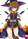  1girl animal_ears blue_eyes blush breasts brown_hair candy closed_mouth dated fake_animal_ears fake_tail food hair_ornament halloween hat looking_at_viewer lyrical_nanoha magical_girl mahou_shoujo_lyrical_nanoha_strikers medium_breasts pumpkin raccoon_ears raccoon_tail san-pon short_hair signature simple_background smile solo tail white_background witch_hat x_hair_ornament yagami_hayate 