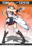  1girl blue_eyes blush breasts character_name closed_mouth garter_straps gun handgun knife long_hair lyrical_nanoha magical_girl mahou_shoujo_lyrical_nanoha_strikers medium_breasts miniskirt orange_hair san-pon skirt smile solo teana_lanster thighhighs weapon white_thighhighs 