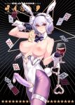  1girl animal_ears ban!_(bansankan) bare_shoulders breasts card condom condom_on_penis condom_wrapper cuffs cup detached_collar drinking_glass full-package_futanari futanari gloves handcuffs holding holding_cup original penis playboy_bunny playing_card purple_hair rabbit_ears red_eyes red_wine short_hair solo used_condom used_condom_on_penis wine_glass wrist_cuffs 