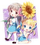  2girls :d animal_ear_fluff animal_ears barefoot blonde_hair blue_dress blush border brown_eyes brown_footwear brown_hair character_name chibi colored_eyelashes commentary double_bun dress fang flower hair_bun hair_flower hair_ornament irori koharu_(irori) loafers long_hair looking_at_viewer medium_hair multiple_girls open_mouth original paw_pose puffy_short_sleeves puffy_sleeves purple_background shirt shoes short_sleeves short_twintails sidelocks simple_background sitting smile standing sunflower thighhighs twintails wariza white_border white_shirt white_thighhighs x_hair_ornament 