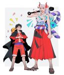  1boy 1girl absurdres black_cape black_hair blue_hair cape clenched_hand clenched_teeth club_(weapon) collared_cape earrings english_commentary falling_petals full_body hair_ornament hakama hat highres holding holding_weapon horns japanese_clothes jewelry kanabou kimono looking_to_the_side monkey_d._luffy multicolored_hair one_piece open_clothes open_shirt oratoza petals ponytail purple_sash red_hakama red_horns red_shirt red_shorts rope sash scar scar_on_face shimenawa shirt shorts sidelocks simple_background slippers straw_hat teeth weapon white_hair yamato_(one_piece) 