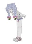  1girl animal_ears arms_behind_back bell blue_eyes blue_hair bow braid buruma cat_ears full_body grey_shirt gym_shirt gym_uniform hair_bow highres hougetsu_(moon_neetcat) jingle_bell leaning_forward long_hair original own_hands_together panties pink_bow pink_footwear pink_socks purple_buruma shirt short_sleeves simple_background socks solo standing stretching thigh_strap tongue tongue_out twin_braids underwear white_background white_panties 