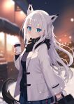  1girl alternate_costume animal_ears azur_lane bag black_scarf black_shirt blue_eyes blush casual coat coffee_cup crossed_bangs cup disposable_cup dot_nose duosix_setsu0408 extra_ears fox_ears fox_girl fox_tail highres holding holding_bag holding_cup kawakaze_(azur_lane) light_particles long_hair looking_at_viewer night open_clothes open_coat plaid plaid_skirt scarf shirt sidelocks skirt snow solo tail white_coat white_hair wide_sleeves 
