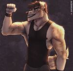  2021 acidwuff anthro black_clothing black_lips black_nipples black_shirt black_t-shirt black_topwear bottomwear brown_hair canid cheek_tuft clothed clothing dated facial_tuft flexing floppy_ears fur grey_bottomwear grey_clothing grey_pants grin hair half-length_portrait hi_res lips looking_at_viewer male mammal muscular muscular_anthro muscular_male nipples pants portrait pubes shirt short_hair signature simple_background smile standing t-shirt tan_body tan_fur topwear tuft 