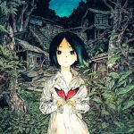  1girl absurdres album_cover black_eyes black_hair bug butterfly collared_shirt cover expressionless forest highres nature open_collar original outdoors own_hands_together plant red_butterfly shack shirt short_hair sky solo stairs tree uchida_akira_(taaiseee1121) upper_body white_shirt 