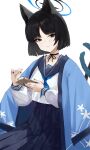  1girl absurdres animal_ears black_choker black_eyes black_hair black_nails blue_archive blue_halo blue_neckerchief blue_sailor_collar blue_skirt book cat_ears choker closed_mouth commentary eyeshadow halo highres holding holding_book kikyou_(blue_archive) kimono_on_shoulders long_sleeves looking_at_viewer makeup multiple_tails neckerchief ni_de_pengyou pleated_skirt red_eyeshadow sailor_collar school_uniform serafuku shirt short_hair simple_background skirt smile solo tail twintails upper_body white_background white_shirt 