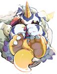  claws digimon digimon_(creature) gabumon highres horns looking_at_viewer pelt red_eyes simple_background single_horn white_background yellow_horns yellow_tail youzaiyouzai112 