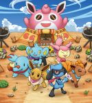  absurdres badge bag blue_sky bow bowtie cloud coal eevee flower highres ladder no_humans official_art phanpy plant pokemon pokemon_(creature) pokemon_mystery_dungeon pokemon_mystery_dungeon:_explorers_of_time/darkness/sky promotional_art riolu scarf shinx skitty sky tent vulpix wigglytuff 