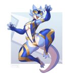  anthro blue_body blue_scales breasts claws clothed clothing female hi_res horn jumping kobold leska luchador open_mouth scales scalie shycryptid skimpy solo spread_legs spreading tail under_boob wrestler yellow_eyes 