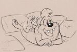  3_toes 4_fingers anthro bed clothing corgi_(artist) dasyurid dasyuromorph derp_eyes dizzy_devil fangs feet fingers fluffy fluffy_hair furniture hair hat headgear headwear heterochromia lying male mammal marsupial nude pillow sleepover smiley_face solo tasmanian_devil teeth tiny_toons_looniversity toes 