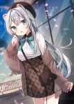  1girl :o absurdres animal_ear_piercing animal_ears aone_ioru aqua_bow aqua_bowtie aqua_eyes arm_at_side bag beret black_headwear blurry blurry_background blush bow bowtie brown_cardigan brown_skirt buttons cardigan collared_shirt commentary_request commission cowboy_shot evening fingernails grey_hair hamster_ears hamster_girl hand_up hat heripiro high-waist_skirt highres indie_virtual_youtuber light_particles light_rays long_hair looking_at_viewer off_shoulder open_cardigan open_clothes open_mouth outdoors petals plaid plaid_skirt pleated_skirt second-party_source shirt shoulder_bag skeb_commission skirt sleeves_past_wrists solo standing very_long_hair virtual_youtuber white_shirt 