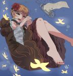  1girl air_bubble bare_legs barefoot beatrice_(umineko) blonde_hair blue_eyes bottle broken_glass bubble bug butterfly choker dress fangs feet flower frills glass hair_flower hair_ornament highres juliet_sleeves legs letter long_sleeves puffy_sleeves red_nails rose rxnal0 solo teeth umineko_no_naku_koro_ni underwater upper_teeth_only yellow_butterfly 