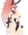  1girl amputee animal_ears baiken ban!_(bansankan) black_gloves breasts eyepatch gloves guilty_gear guilty_gear_xrd highres large_breasts long_hair playboy_bunny rabbit_ears rabbit_tail simple_background solo tail white_background 