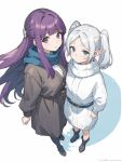  ai-generated blue_scarf elf fern_(sousou_no_frieren) frieren green_eyes highres lilium(lilydisease) looking_at_viewer pointy_ears purple_eyes purple_hair scarf sousou_no_frieren thick_eyebrows twintails white_hair winter_clothes 