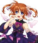  1girl artist_name bare_shoulders blue_eyes blush breasts brown_hair commentary_request dated looking_at_viewer lyrical_nanoha mahou_shoujo_lyrical_nanoha mahou_shoujo_lyrical_nanoha_a&#039;s open_mouth san-pon short_hair signature simple_background small_breasts smile solo takamachi_nanoha twintails upper_body white_background 