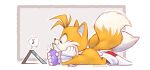  anthro beverage beverage_can blue_eyes canid canine clothing dipstick_tail footwear fox fur gloves handwear lying male mammal markings miles_prower nyaasunekoban on_front sega shoes signature simple_background soda solo sonic_the_hedgehog_(series) tablet tail tail_markings white_body white_fur yellow_body yellow_fur 