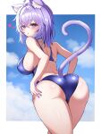  1girl absurdres ahoge animal_ear_fluff animal_ears ass bare_arms bare_shoulders blue_nails blue_one-piece_swimsuit blue_sky blush border breasts cat_ears cat_girl cat_tail cloud commentary competition_swimsuit crossed_bangs fingernails from_behind hair_between_eyes heart highres hololive kogekoge1207 large_breasts long_fingernails looking_at_viewer medium_hair nail_polish nekomata_okayu one-piece_swimsuit outside_border parted_lips purple_eyes purple_hair shiny_clothes shiny_skin sky solo swimsuit symbol-only_commentary tail tail_raised virtual_youtuber white_border 