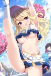  1girl :d arm_up armpits ass_visible_through_thighs black_panties blonde_hair blue_sky blurry blurry_background blush braid breasts cheering cheerleader cleavage commentary confetti day elbow_gloves eyes_visible_through_hair floating_hair gloves hair_between_eyes hair_ornament highleg highleg_panties highres holding holding_pom_poms irori kneehighs large_breasts leg_up long_hair looking_at_viewer looking_down melonbooks midriff miniskirt navel no_bra open_mouth original outdoors panties panty_peek pleated_skirt pom_pom_(cheerleading) purple_eyes shirt side_braid skirt sky sleeveless sleeveless_shirt smile socks solo sparkle split stomach underboob underwear white_footwear white_gloves white_socks x_hair_ornament 