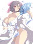  alternate_eye_color blush breasts chimunge cowboy_shot folding_fan grey_hair hand_fan highres ice japanese_clothes kimono large_breasts looking_at_viewer off_shoulder one_eye_closed senran_kagura senran_kagura_estival_versus senran_kagura_shinovi_versus short_hair simple_background smile white_background white_kimono yumi_(senran_kagura) 