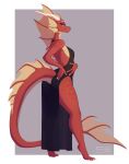  anthro black_clothing black_dress claws clothing dragon dress female fin flat_chested formal_clothing frill_(anatomy) head_fin hi_res horn long_tail narrowed_eyes purple_eyes pyrexia red_body red_scales scales scalie shycryptid simple_background smile solo tail wingless_dragon 