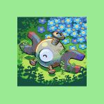  ^_^ animal_focus blue_flower border closed_eyes commentary damaged english_commentary flower grass green_background green_border highres jdzombi magnemite magnet no_humans one-eyed outdoors pokemon pokemon_(creature) rust screw solo x 