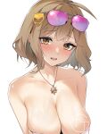  1girl ahoge anis_(nikke) anis_(sparkling_summer)_(nikke) artist_logo bare_shoulders bikini blush breasts brown_hair chouchou_(austin) cleavage commentary eyelashes eyepatch_bikini eyewear_on_head goddess_of_victory:_nikke hair_ornament highres jewelry large_breasts light_smile looking_at_viewer necklace official_alternate_costume open_mouth pink-tinted_eyewear short_hair simple_background skindentation solo star_(symbol) star_necklace swimsuit tinted_eyewear upper_body wet white_background white_bikini yellow_eyes 