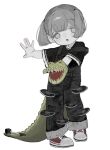  1girl :o black_overalls black_shirt blush crocodile crocodilian crocodilian_tail full_body gloves green_gloves grey_eyes grey_hair hand_puppet highres hougetsu_(moon_neetcat) long_sleeves looking_at_viewer open_mouth original overalls puppet record red_footwear shirt shoes short_hair simple_background single_glove sneakers solo standing t-shirt tail twintails white_background 