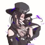  1other androgynous ascot bare_shoulders black_gloves black_hair black_headwear feathers fingerless_gloves gloves guilty_gear guilty_gear_strive hat hat_ornament highres long_hair looking_to_the_side other_focus purple_feathers red_eyes skull_hat_ornament testament_(guilty_gear) top_hat upper_body vaselinwithout white_ascot 