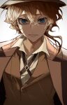  1boy blue_eyes brown_headwear brown_jacket bungou_stray_dogs hair_between_eyes highres jacket looking_at_viewer lower_teeth_only male_focus medium_hair nakahara_chuuya open_mouth orange_hair shirt simple_background solo surprised sweat sweatdrop teeth upper_body white_background white_shirt ya_ta 